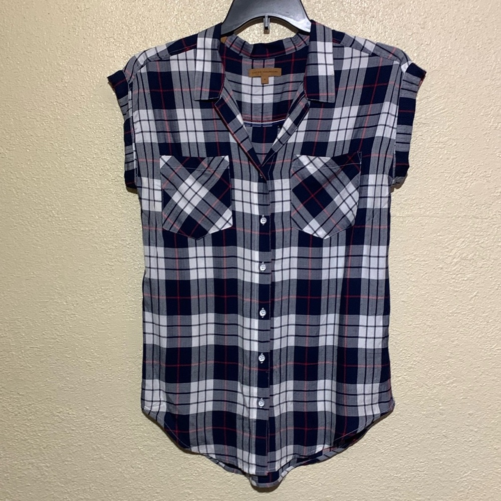 Jachs Girlfriend Top Blouse S Navy blue White Red Plaid Sleeveless Rayon Buttons